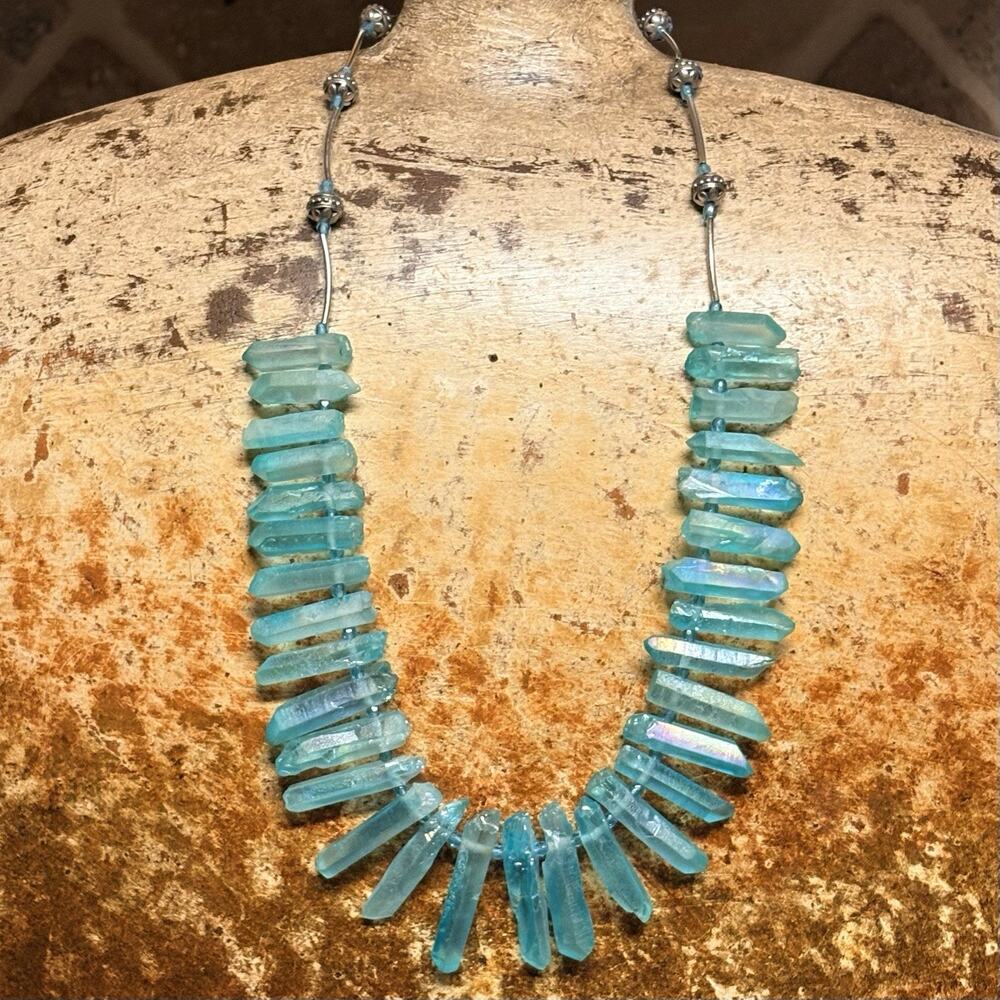 Statement Aqua Quartz and Silver Tone Necklace Bali Silver Beads & Aqua Beads